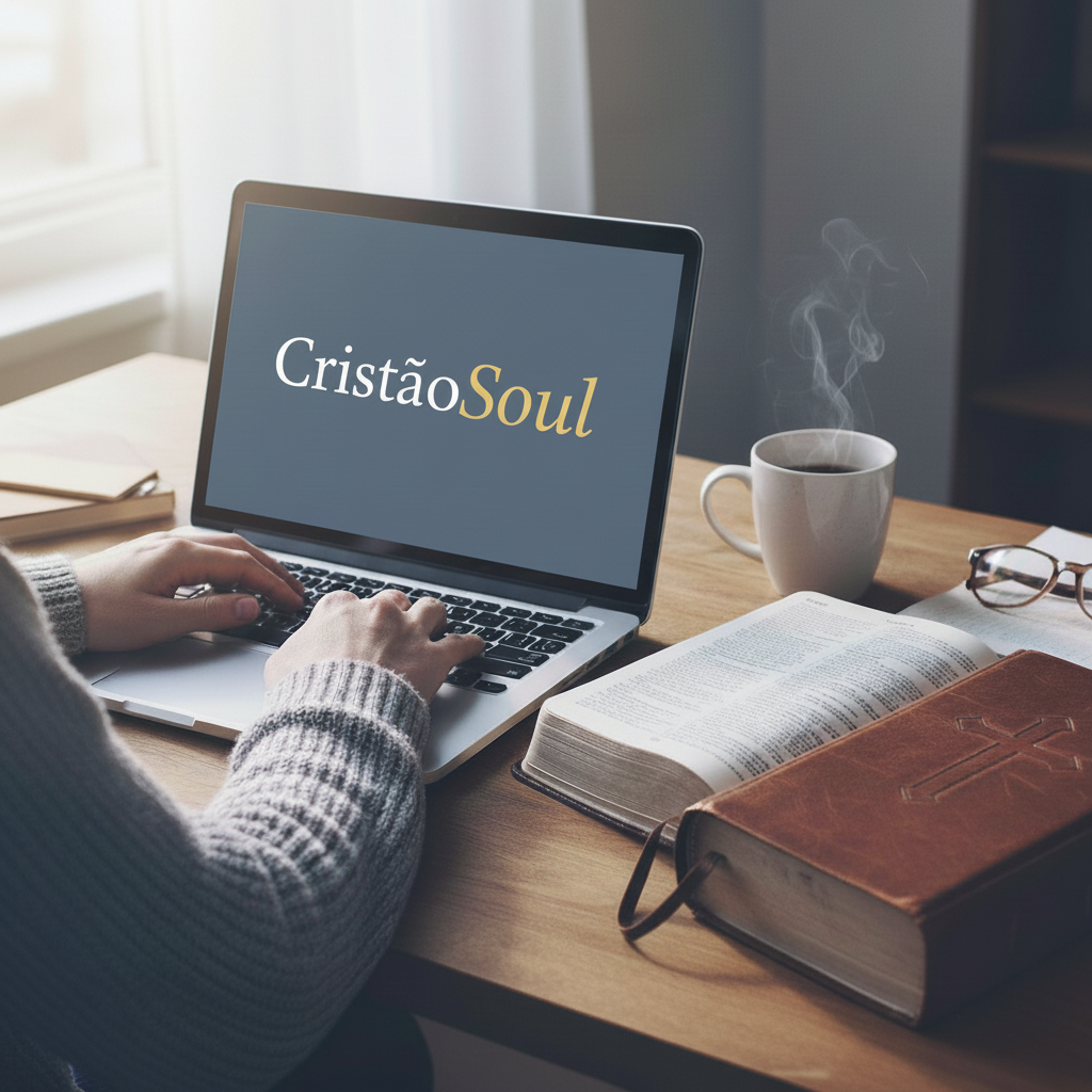 Pessoa digitando em notebook com o logotipo do Cristão Soul na tela, ao lado de uma Bíblia aberta com capa de couro, óculos e xícara de café fumegante sobre uma mesa de madeira