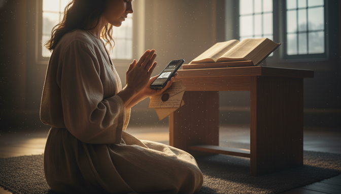 Mulher ajoelhada em oração segurando um celular com uma mão e gesticulando com a outra, com uma Bíblia aberta sobre uma mesa de madeira ao fundo, em ambiente iluminado por luz natural.